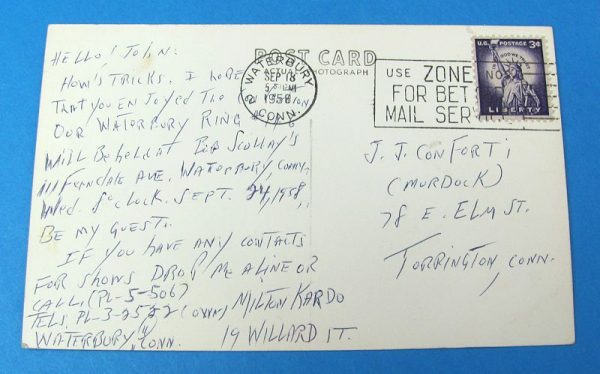 Post Card to John Conforti from Milton Kardo - Year 1958-2