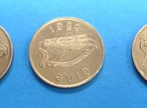 three 1988 irish 2 pence coins