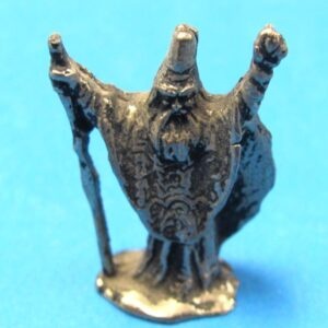 small pewter wizard figurine with arms raised