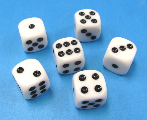 lot of 6 white plastic regular dice