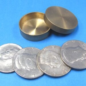 brass okito coin box with 4 half dollars